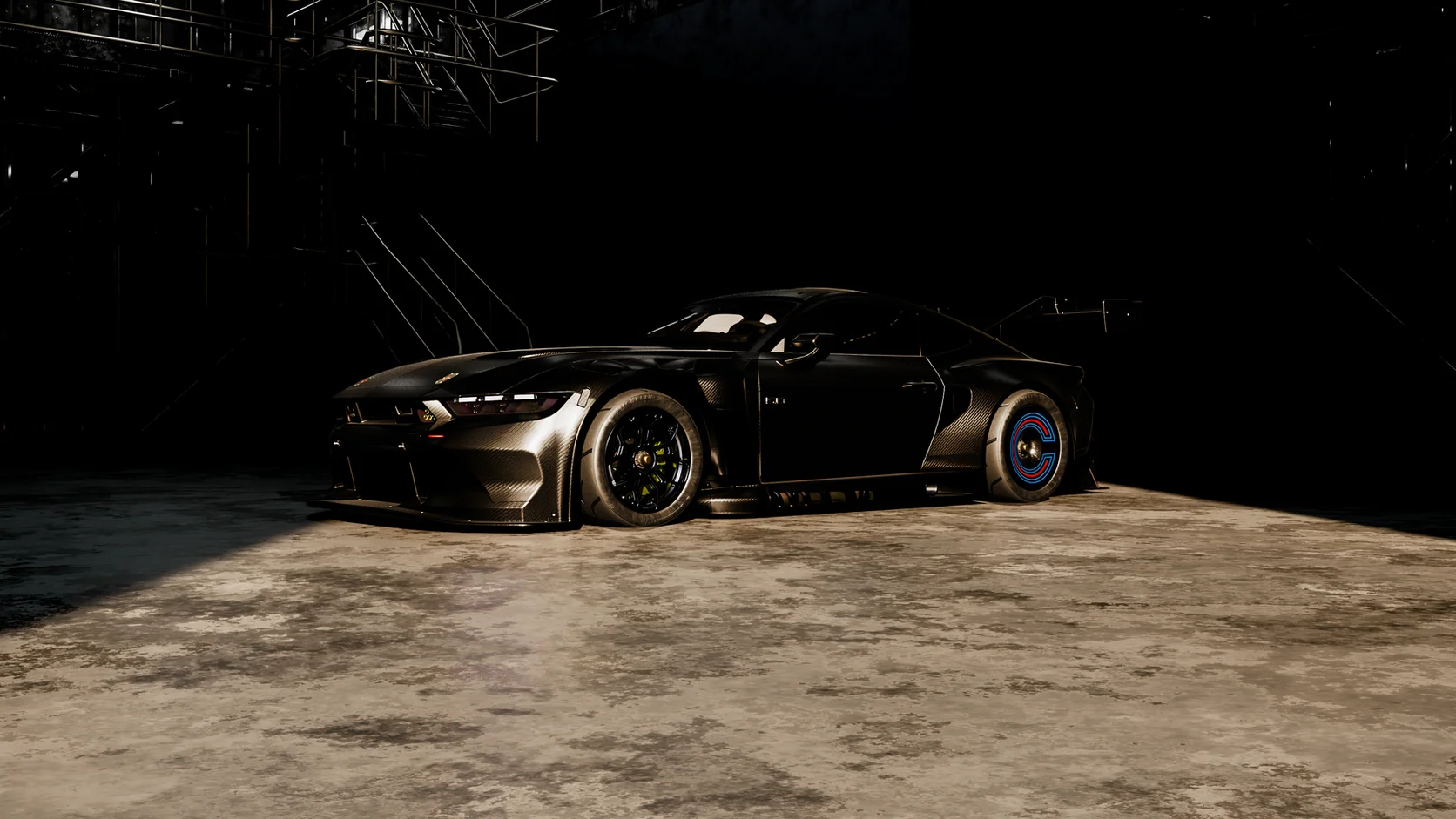 Performance car in a dark workshop setting